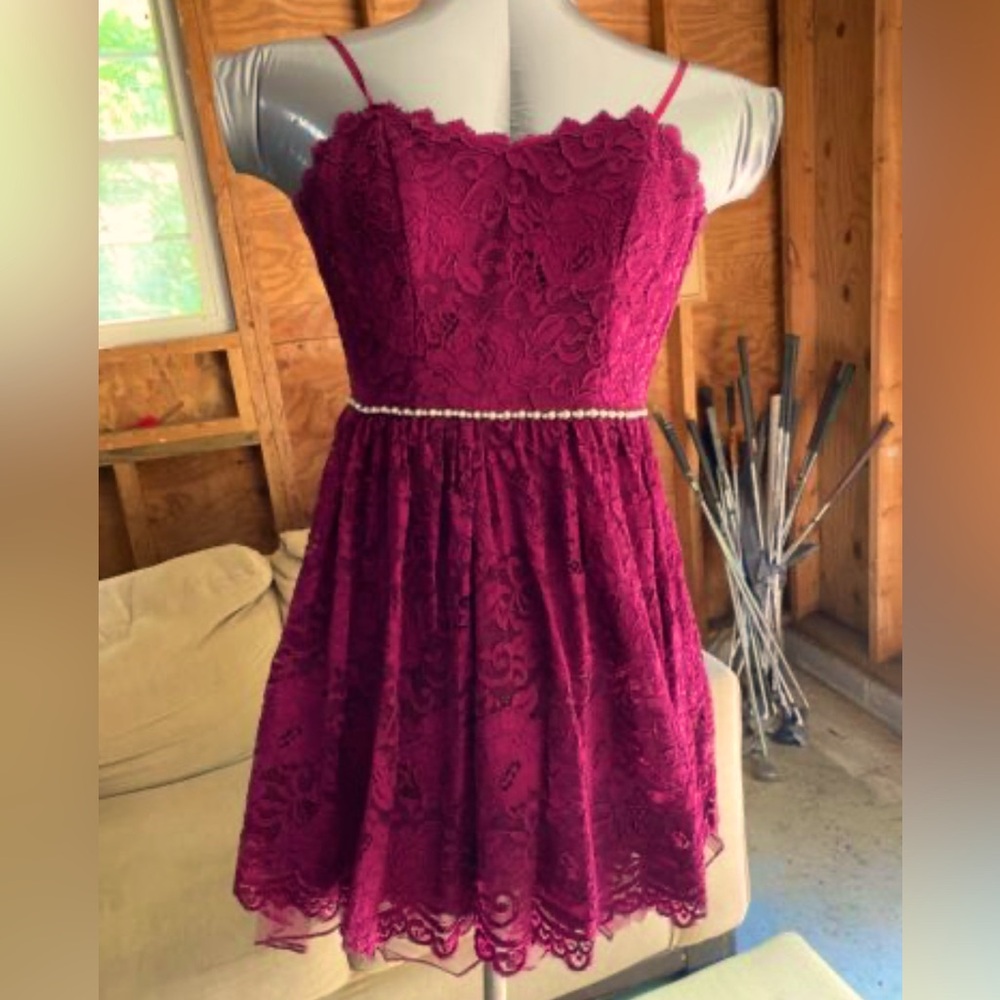 Jodi Kristopher Burgundy Strapless Formal Dress